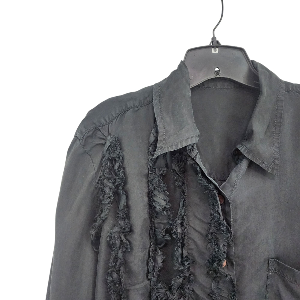 Women's Vintage Ruffle Button Front Long Sleeves Flowy Satin Shirt - Picture 2 of 6